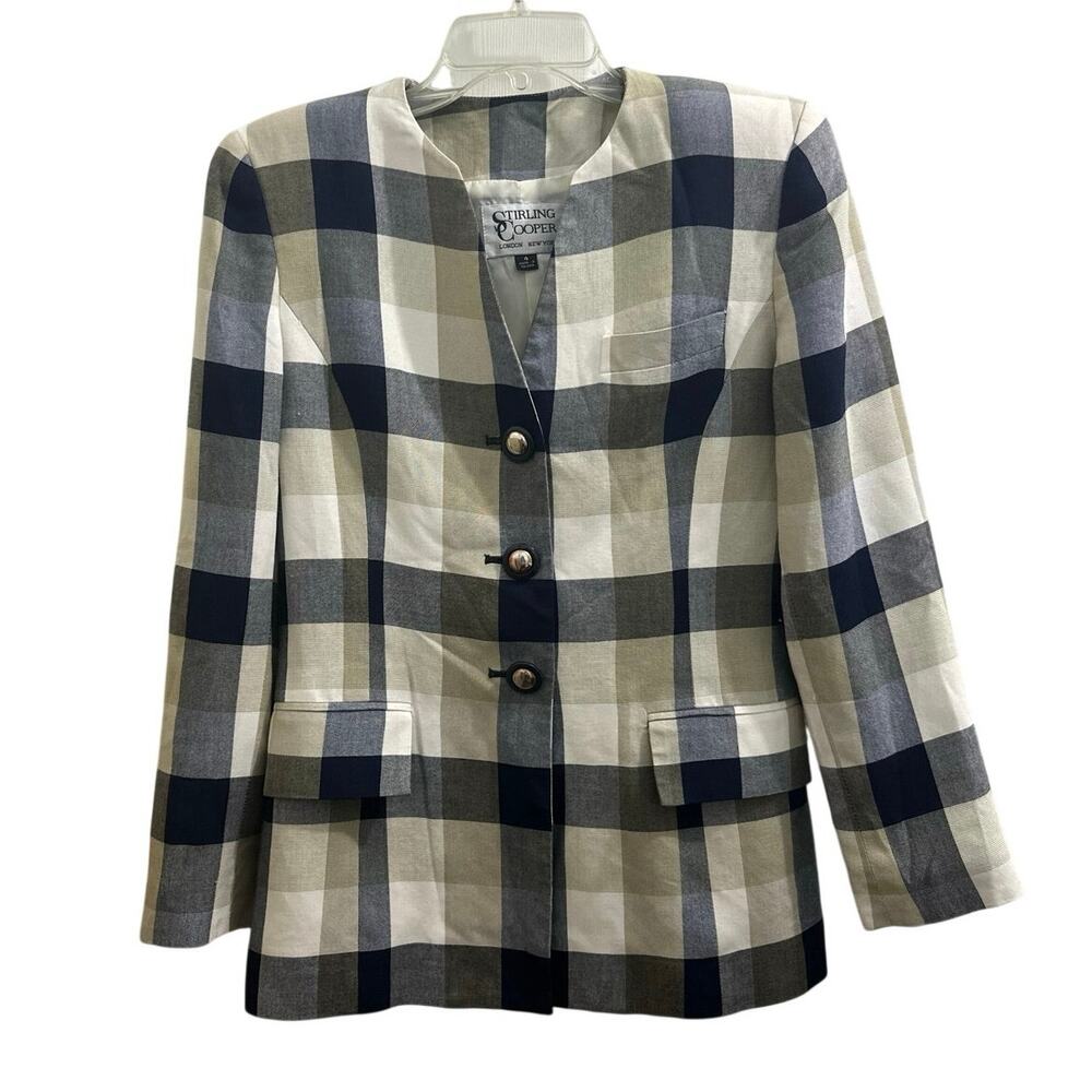 Vintage 80s/90s Stirling Cooper Tartan Plaid Suit Jacket Navy Tan White Womens 4